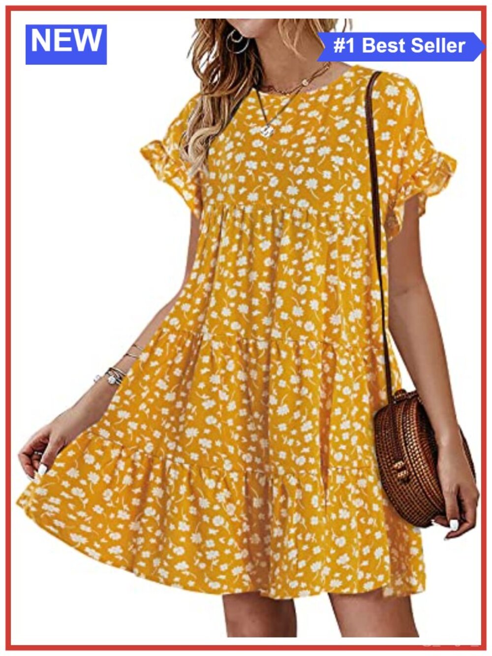 Boho Babydoll Mini Dress Ruffle Sleeve Pleated Polyester Spandex Women's